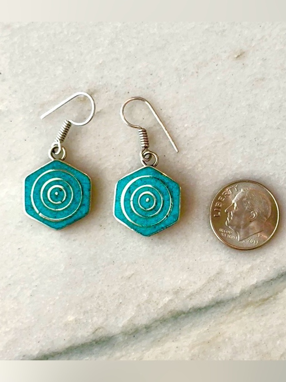 Nepalese Turquoise and Silver Hexagon Dangle Earrings - - Picture 4 of 8